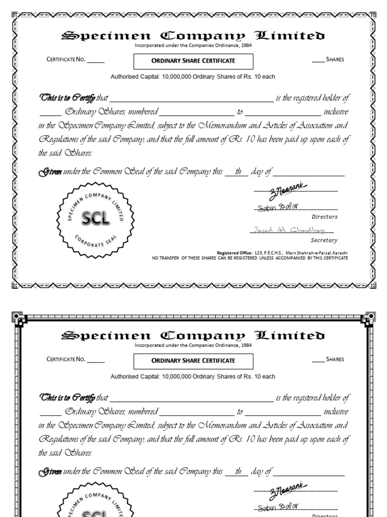 Specimen of Share Certificate | PDF | Private Law | Justice