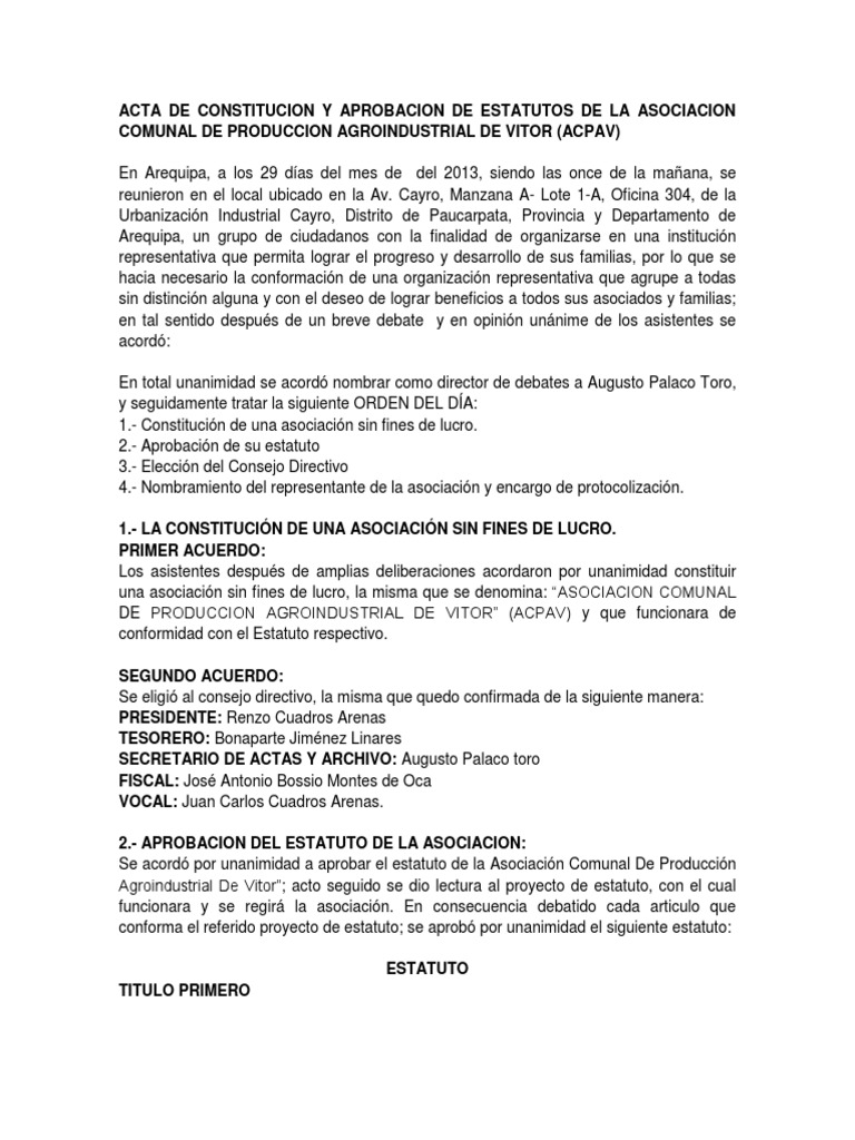 Acta de Constitucion y Aprobacion de Estatutos de La Asociacion de Produccion para Terrenos Del