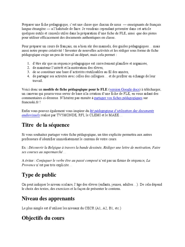 Préparer Une Fiche Pédagogique | PDF | Pédagogie | Langue française