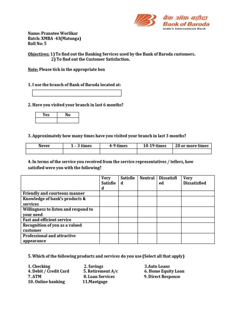 Bank of Baroda Customer Satisfaction Survey | PDF | Debits And Credits ...