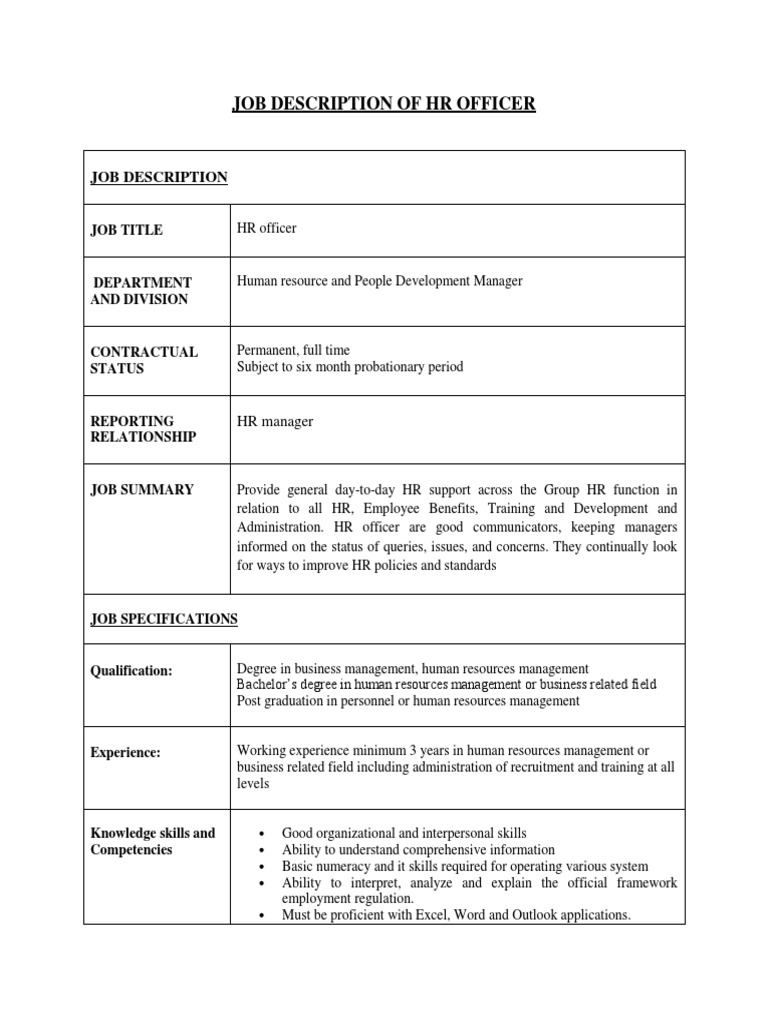 Job Description of HR Office1 | PDF | Human Resource Management 
