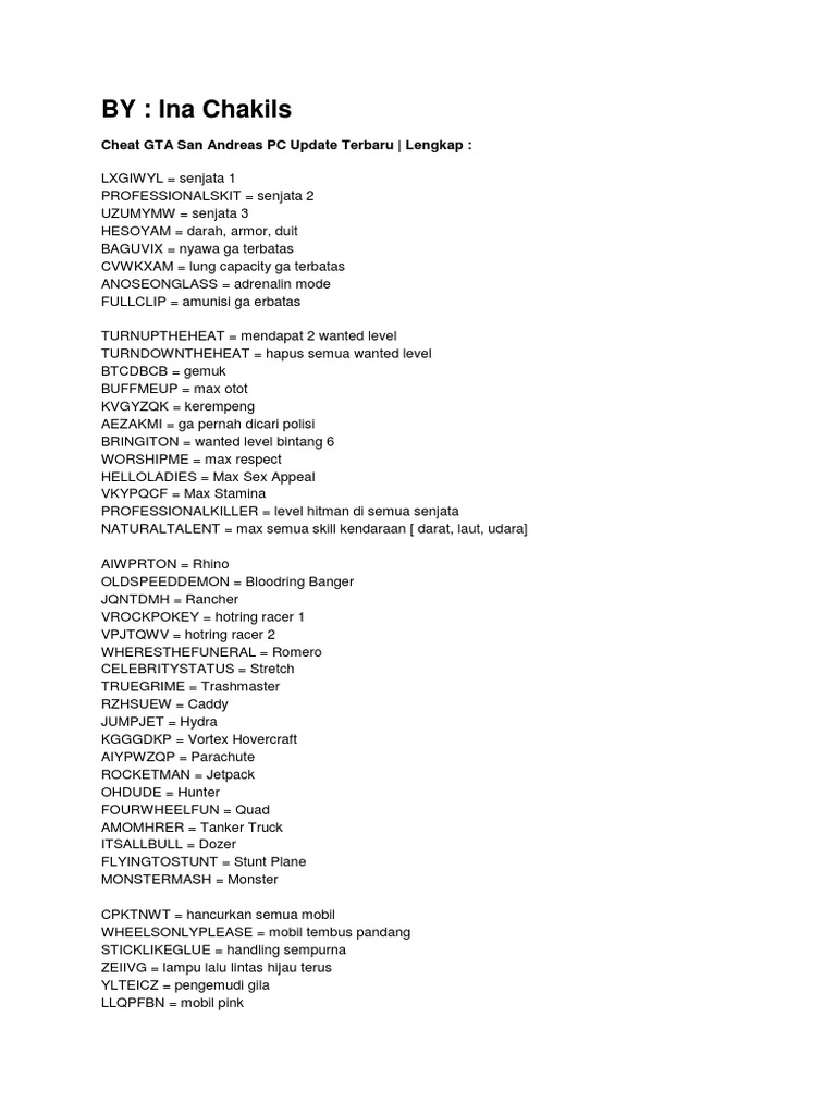GTA San Andreas PC Cheat Codes List | PDF