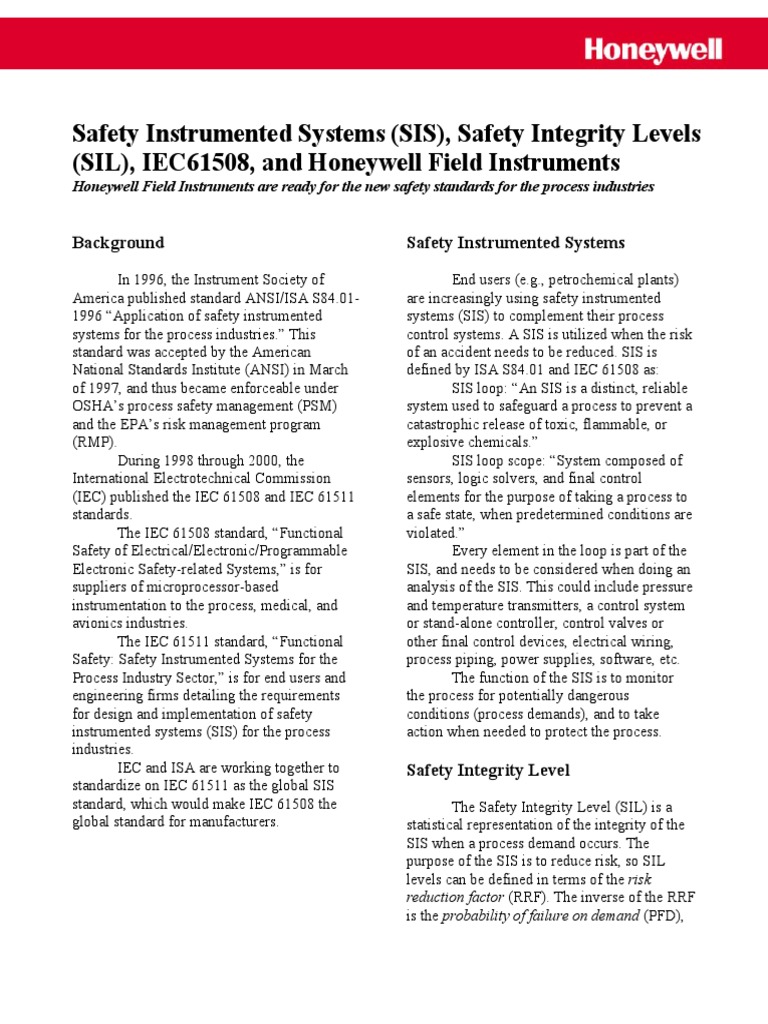 Safety Instrumented Systems (SIS), Safety Integrity Levels (SIL ...