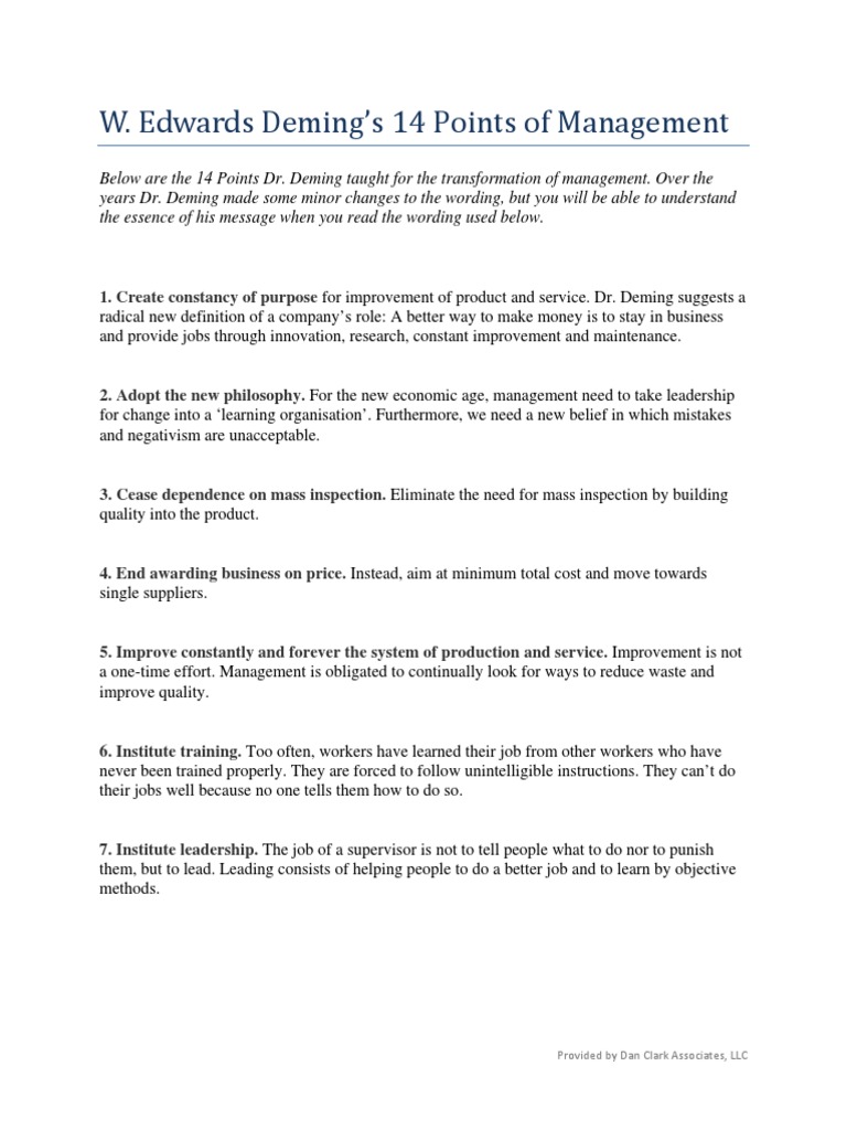 Deming's 14 Points for Transforming Management Through Quality