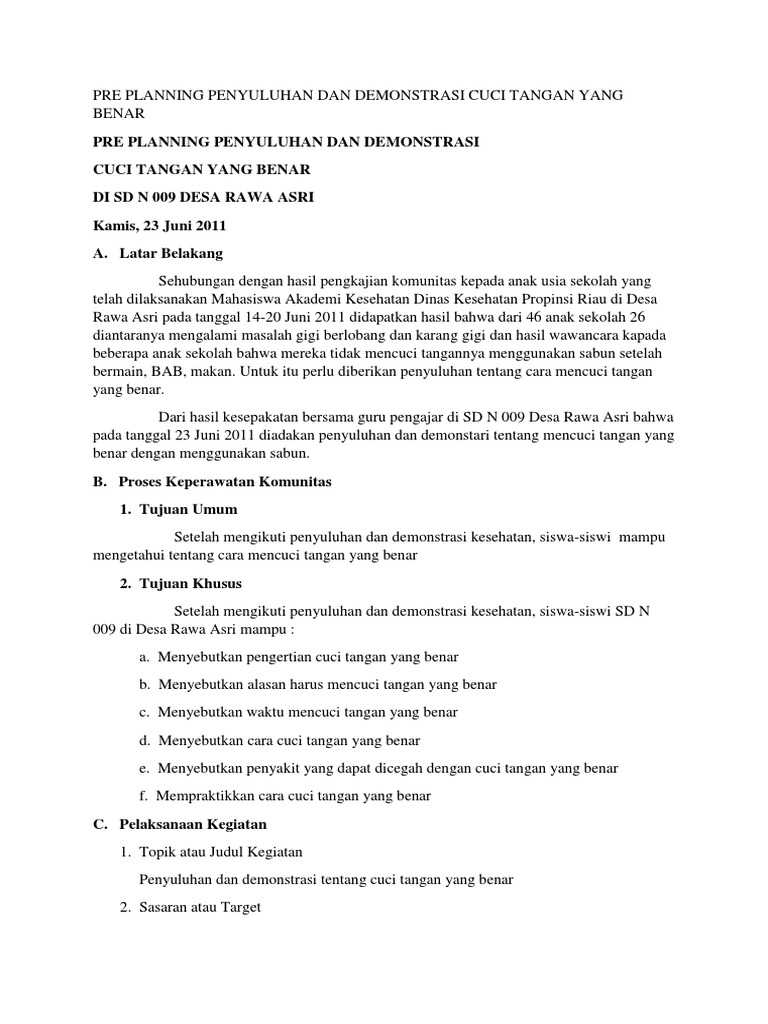 Pre Planning Penyuluhan Dan Demonstrasi Cuci Tangan Yang Benar Pdf