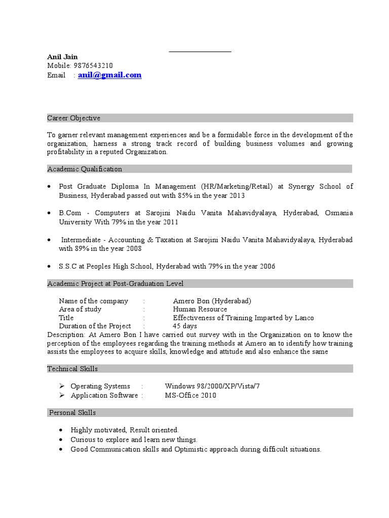 Resume Format for Freshers MBA HR Free Download