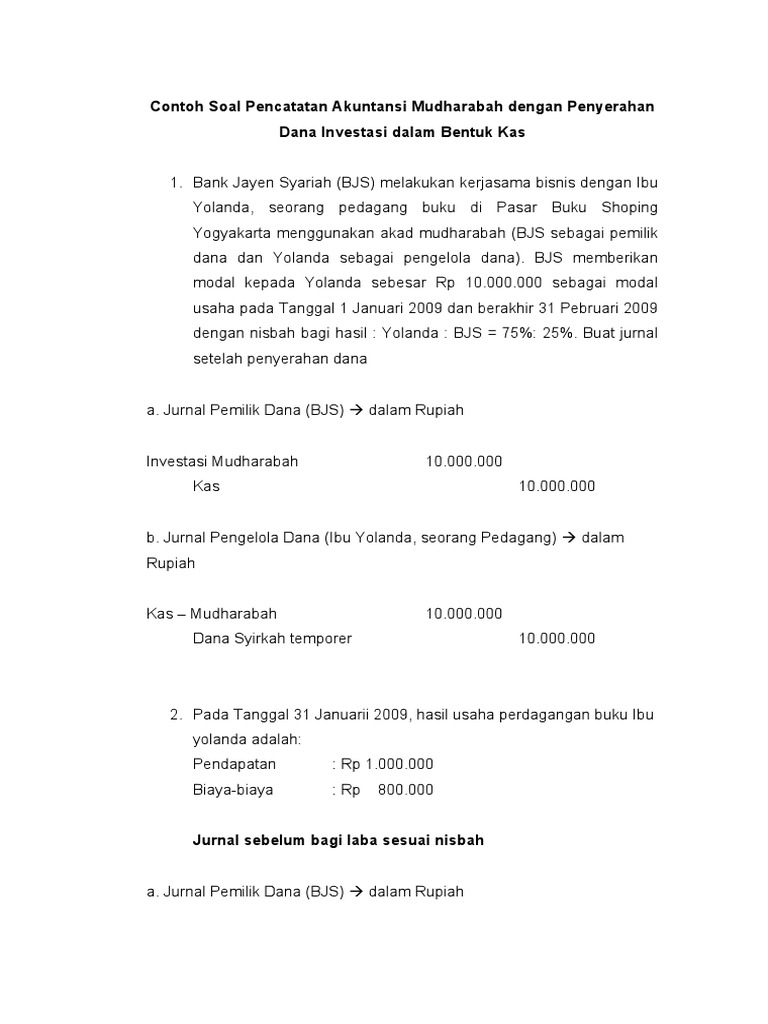 Contoh Soal Pencatatan Akuntansi Mudharabah Dengan Penyerahan Dana Investasi Dalam Bentuk Kas31