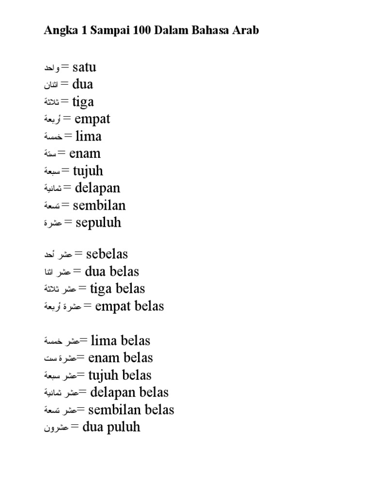 Angka 1 Sampai 100 Dalam Bahasa Arab Pdf