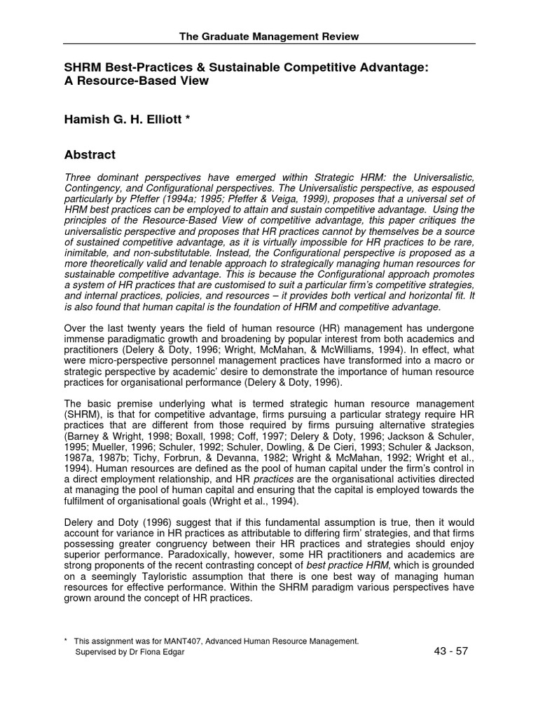 SHRM BestPractices & Sustainable Competitive Advantage A Resource
