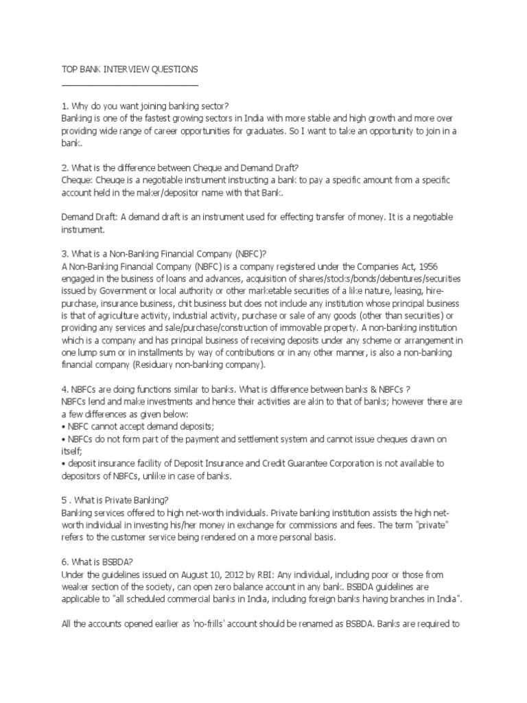Essential Bank Interview Questions | PDF | Non Bank Financial ...