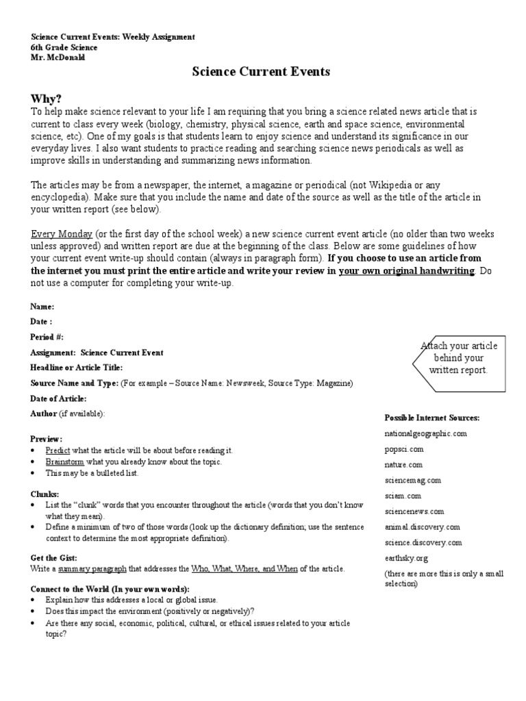 Science Current Events Template PDF News Science