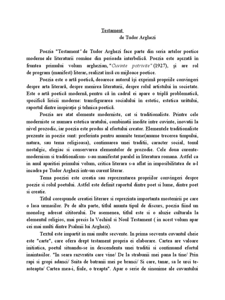 Adam Si Eva De Tudor Arghezi Testament de Tudor Arghezi | PDF