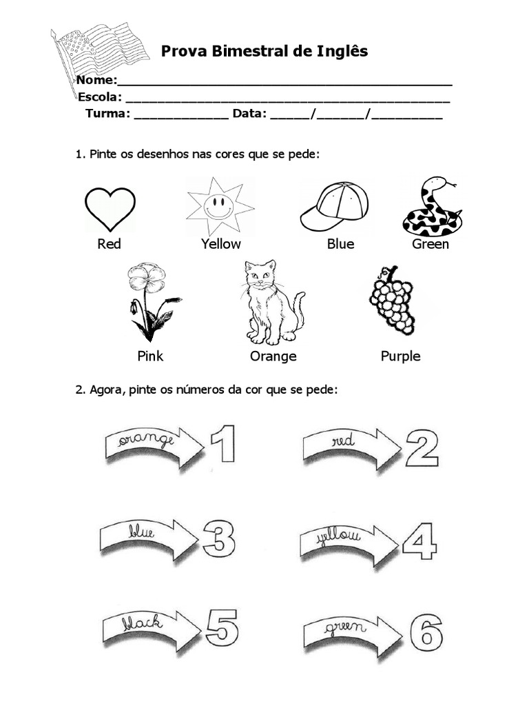 Prova Bimestral de Inglês - 1 Ano - 1º Bimestre | PDF