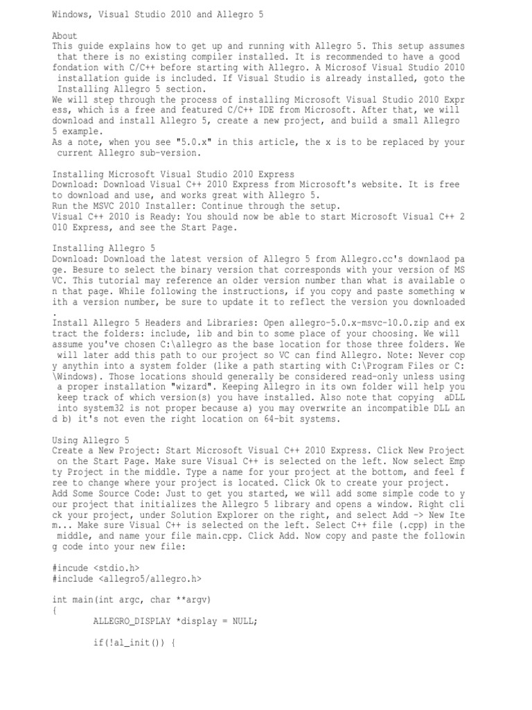 Windows Visual Studio 10 And Allegro 5 Library Computing Microsoft Visual Studio