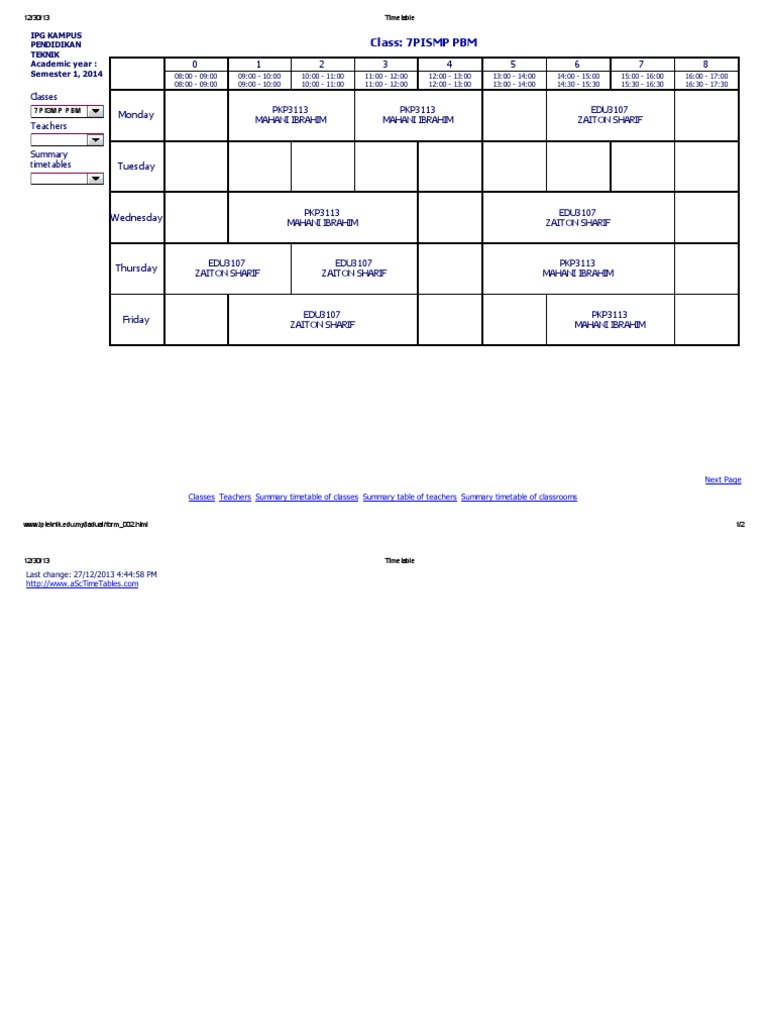 2014 Semester 1 Class Timetable | PDF