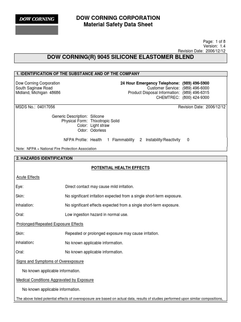 Msds Silicone 9045 | PDF | Dangerous Goods | Toxicity