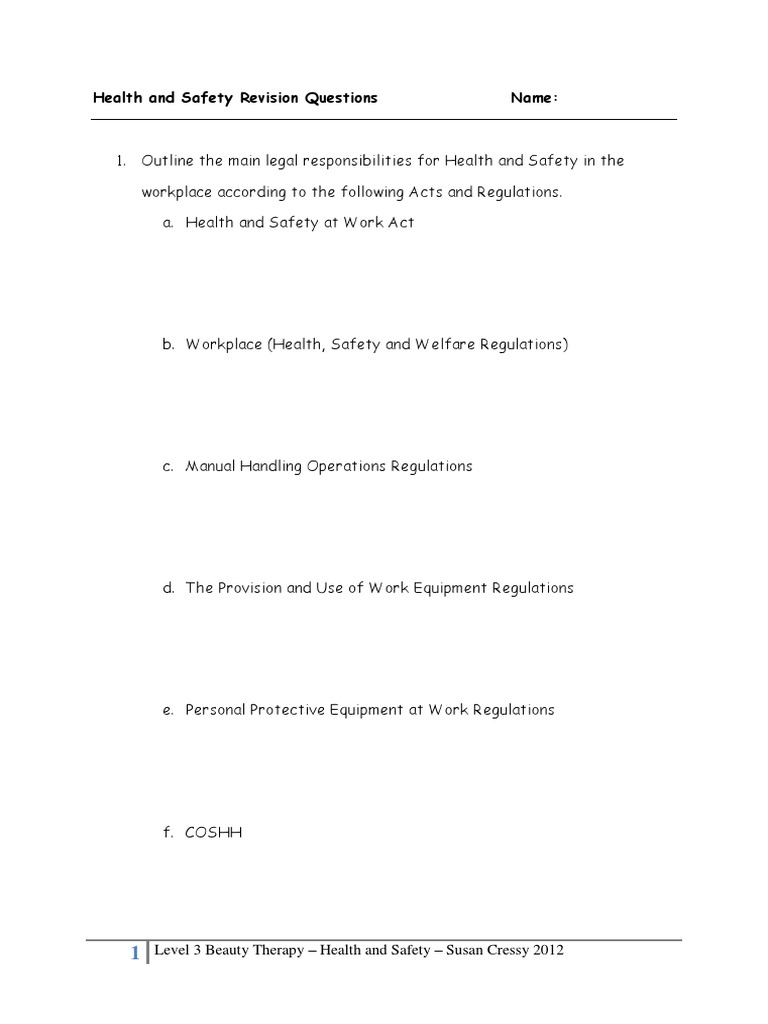 Health and Safety Revision Questions | PDF