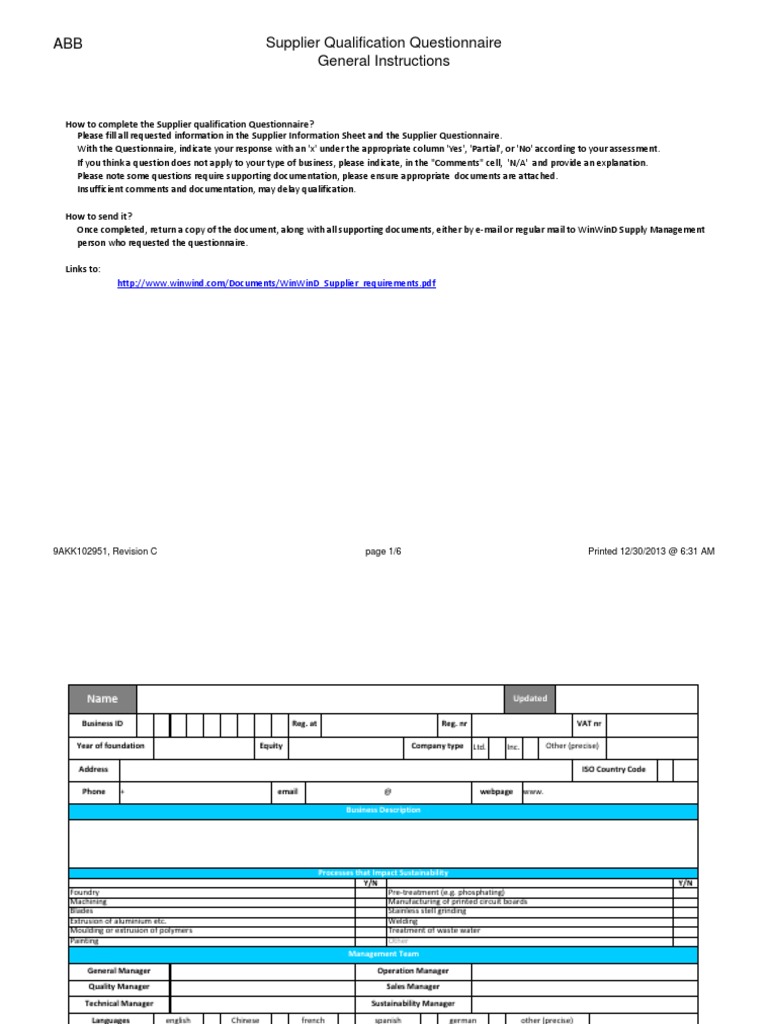 WinWinD Supplier Qualification Questionnaire PDF Occupational