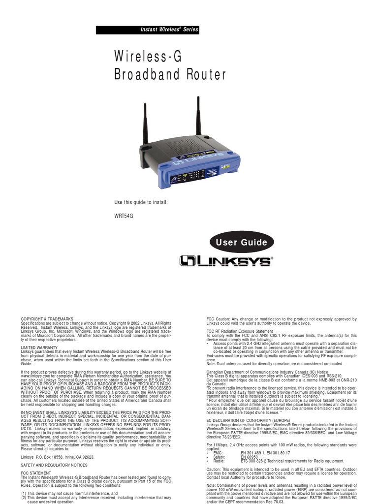 Linksys WirelessG Broadband Router WRT54G Ip Address Computer Network