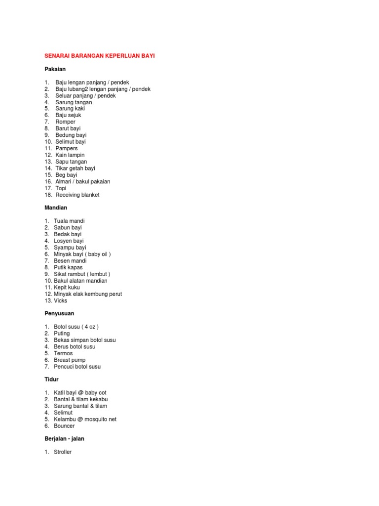 Senarai Barangan Keperluan Bayi  PDF