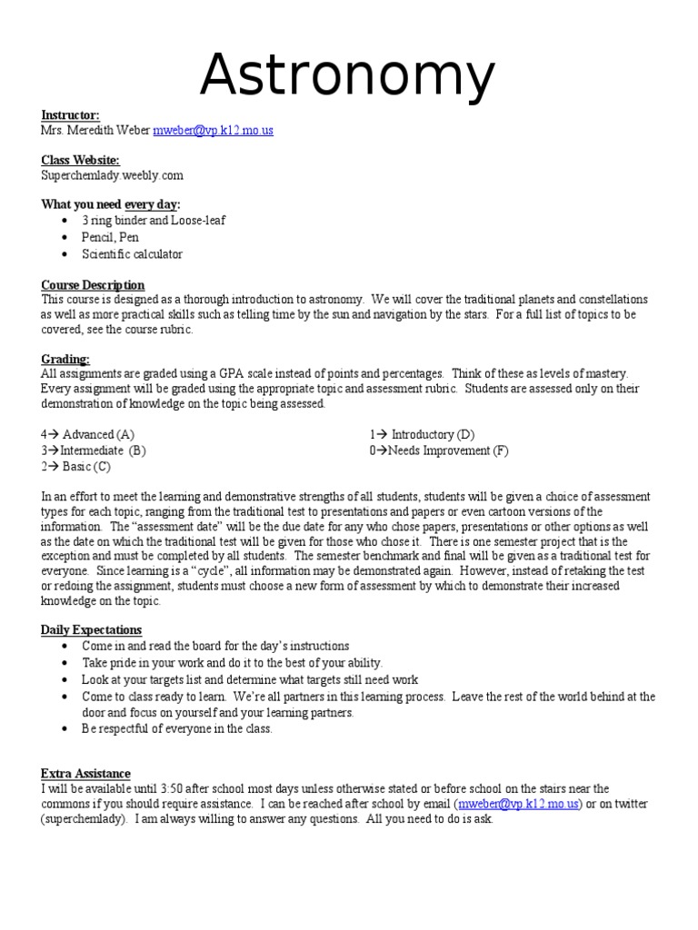 Astronomy Syllabus PDF Pedagogy Behavior Modification