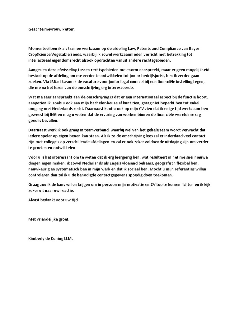 Motivatiebrief Financiele Instelling Via Legal Workforce Junior Legal Counsel Pdf