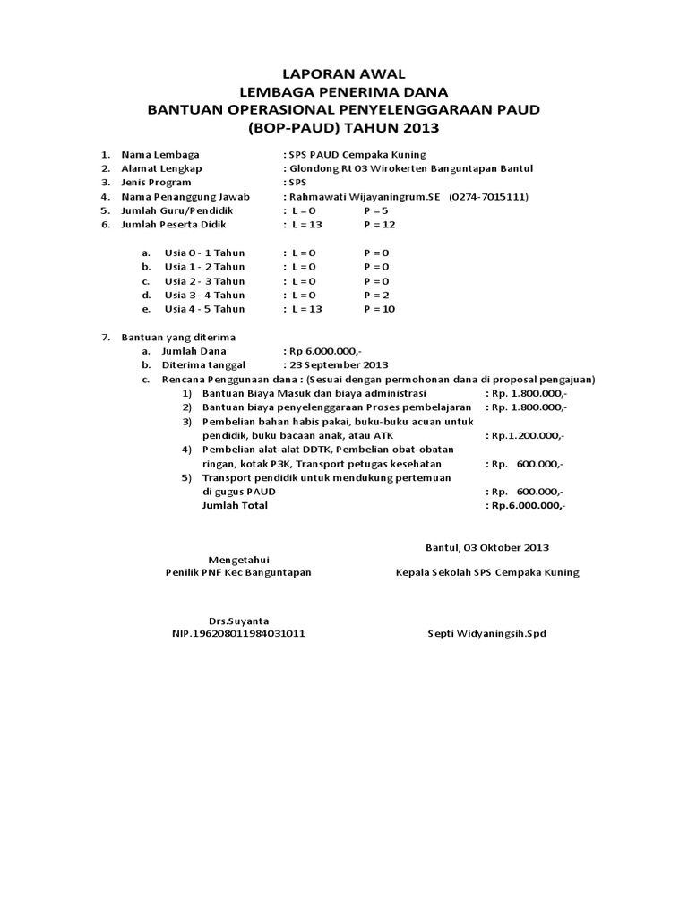 Contoh Laporan Awal Bop Paud