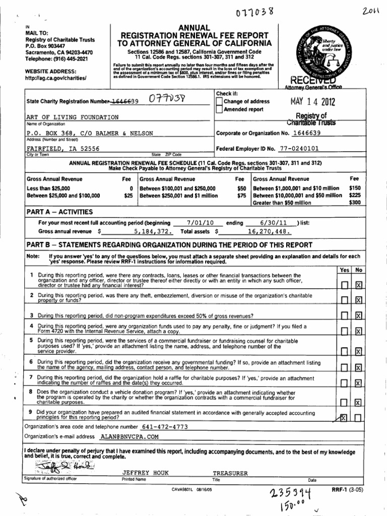 Annual Registration Renewal Fee Report To Attorney General of ...