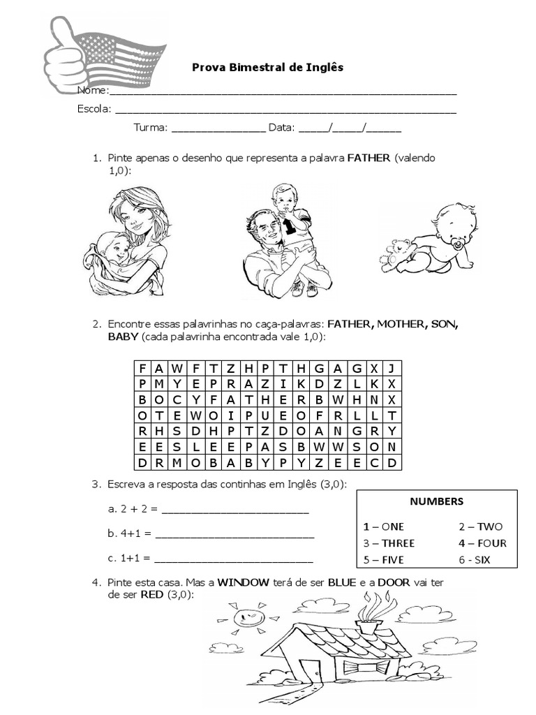Prova Bimestral de Inglês 1º Ano | PDF