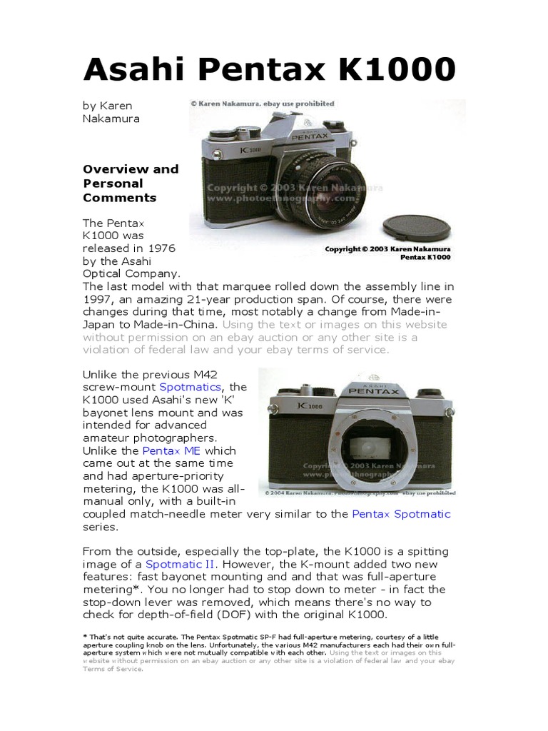 Asahi Pentax K1000 Camera Lens Recording Devices