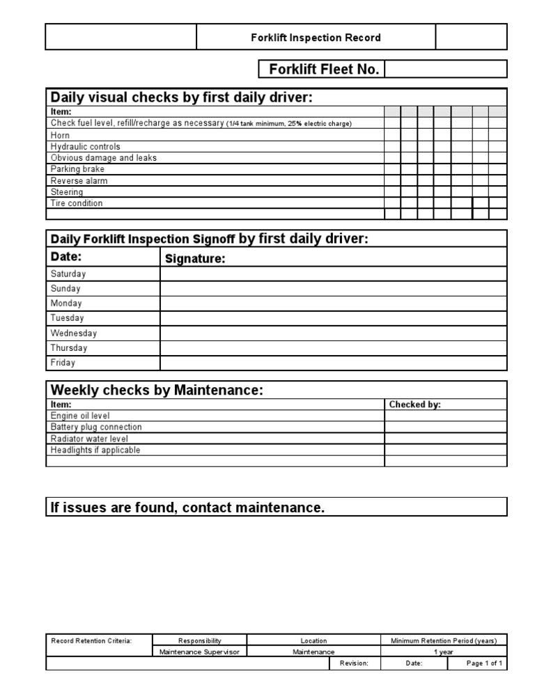 Forklift Inspection Record