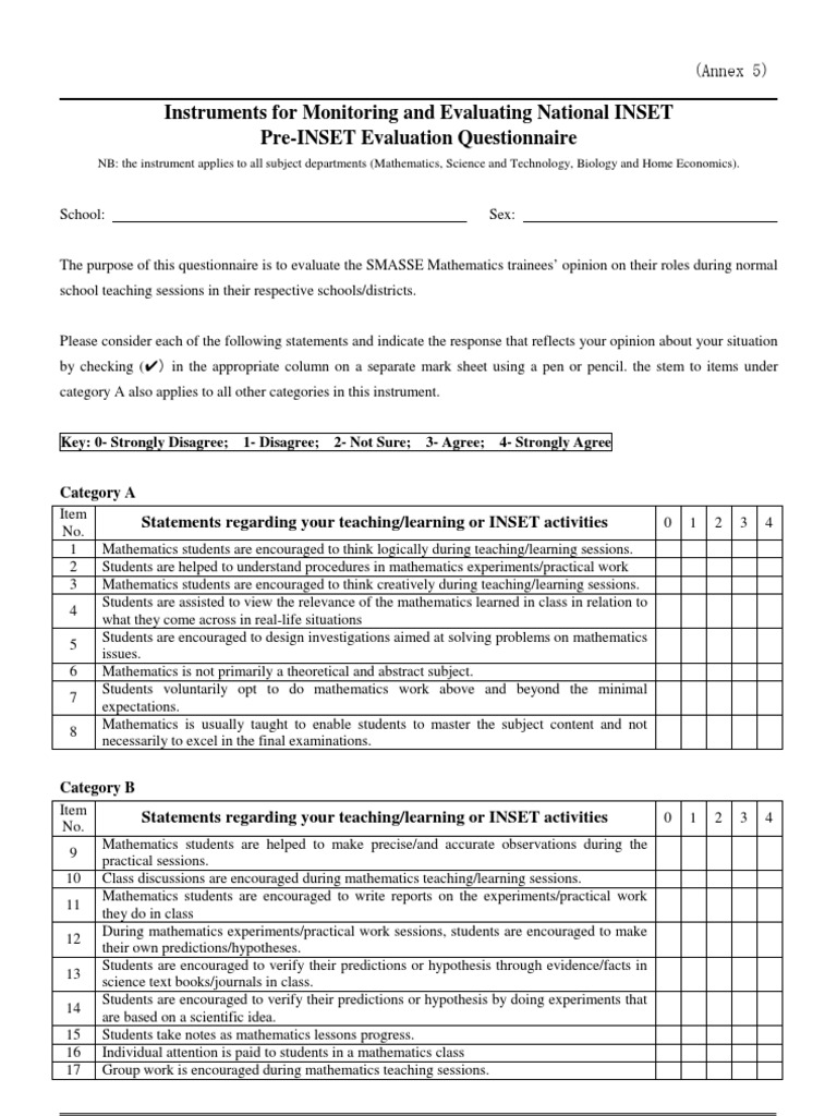 07 Annex 5 Pre Inset Evaluation Sheet Maths Educational Assessment Teachers
