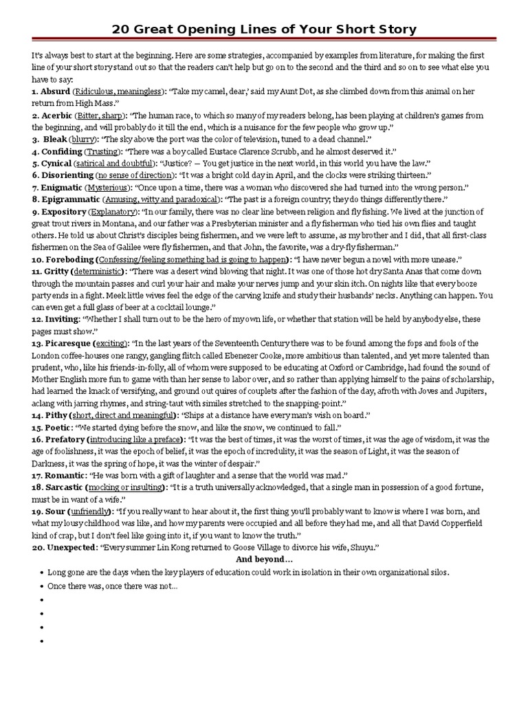 20 Engaging Short Story Opening Lines | PDF