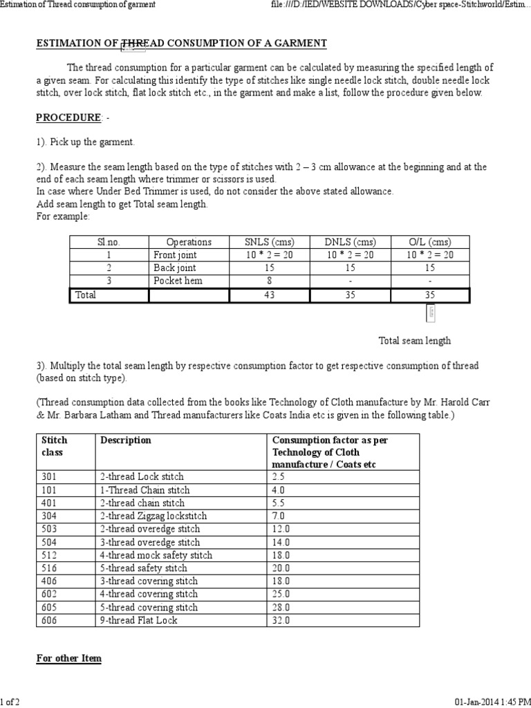 Estimation of Thread Consumption of Garment | PDF | Yarn | Clothing