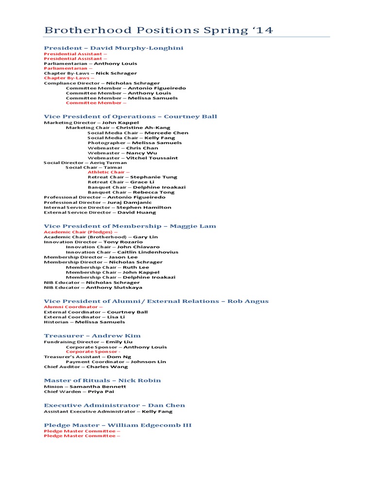 Brotherhood Positions Spring 14-Webpage | PDF