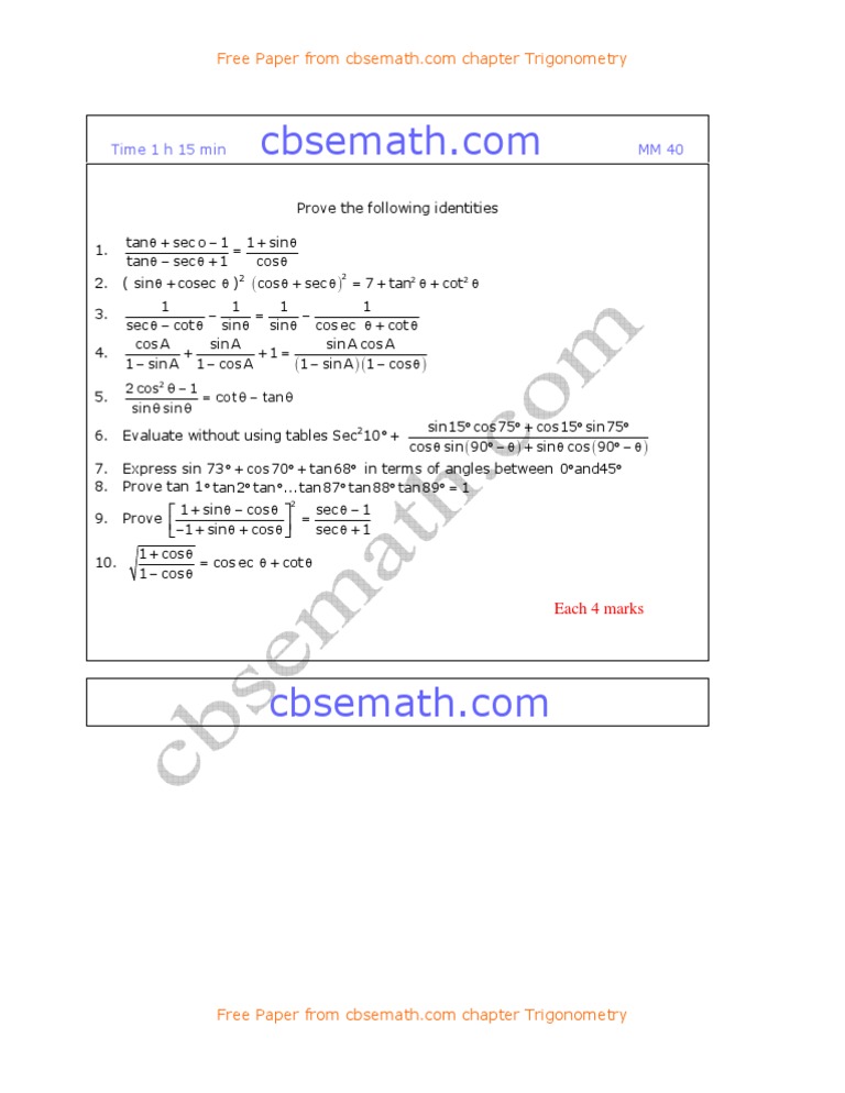 Trigonometry Identities Practice Paper | PDF