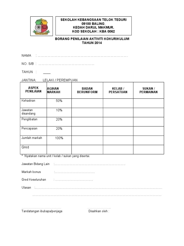 Borang Penilaian Aktiviti Kokurikulum Pdf