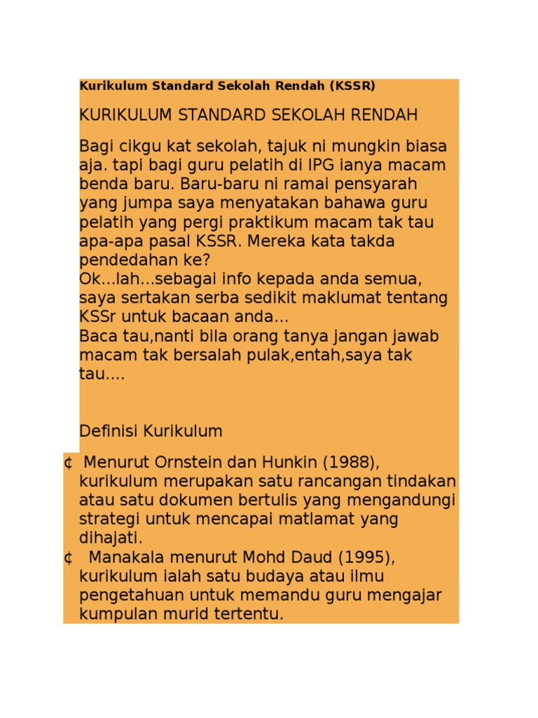 Definisi - Kurikulum Standard Sekolah Rendah Definisi - Kurikulum 