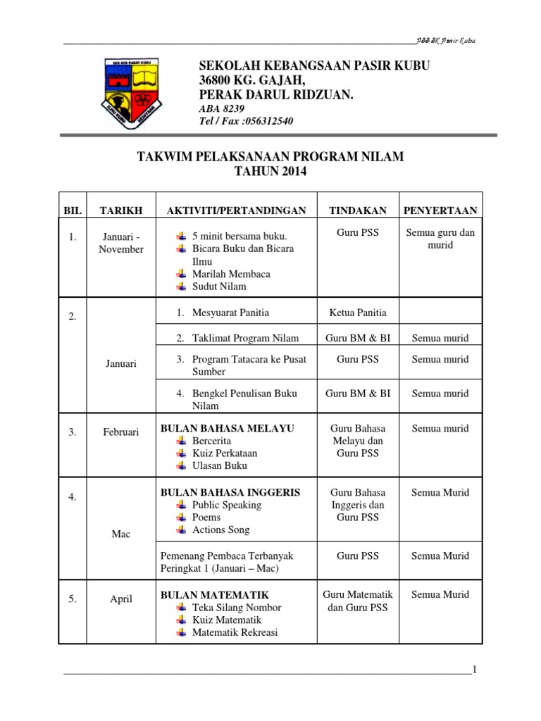 Takwim Program Nilam 2014 SK Pasir Kubu | PDF