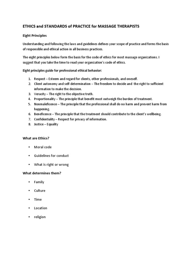 Ethics and Standards of Practice For Massage Therapists PDF Massage
