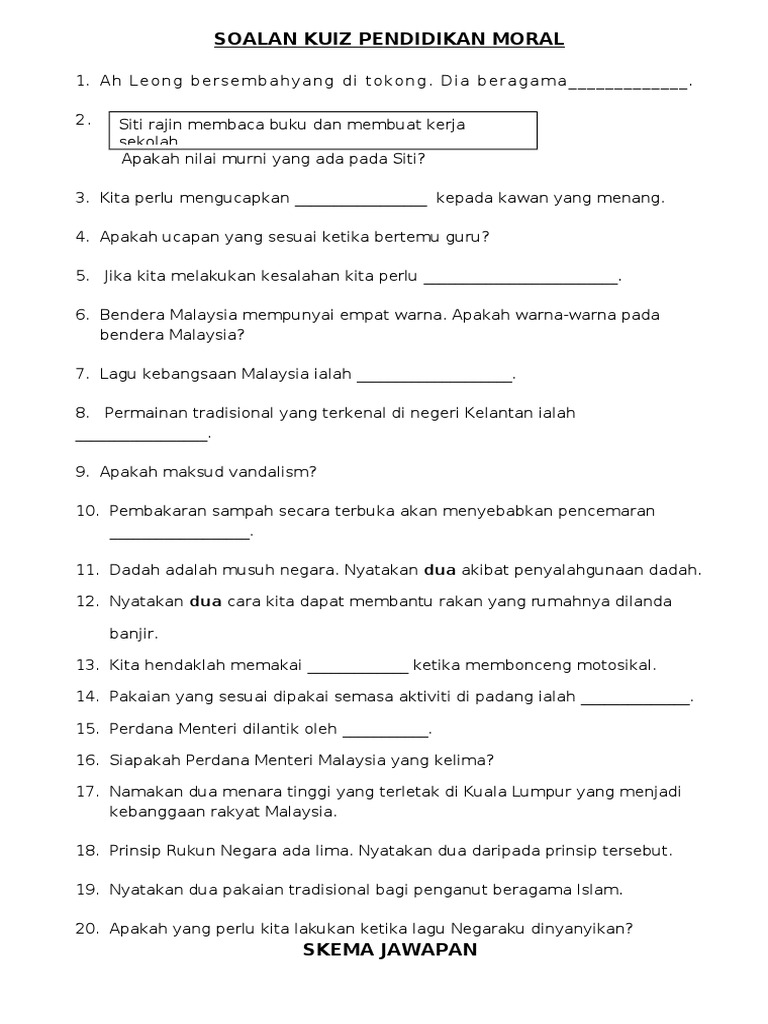 Soalan Kuiz Pendidikan Moral