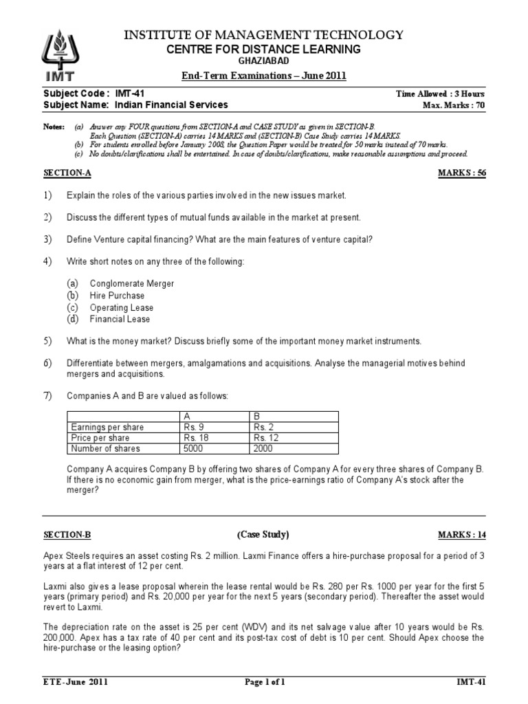 IMT-41 Indian Financial Services Exam | PDF