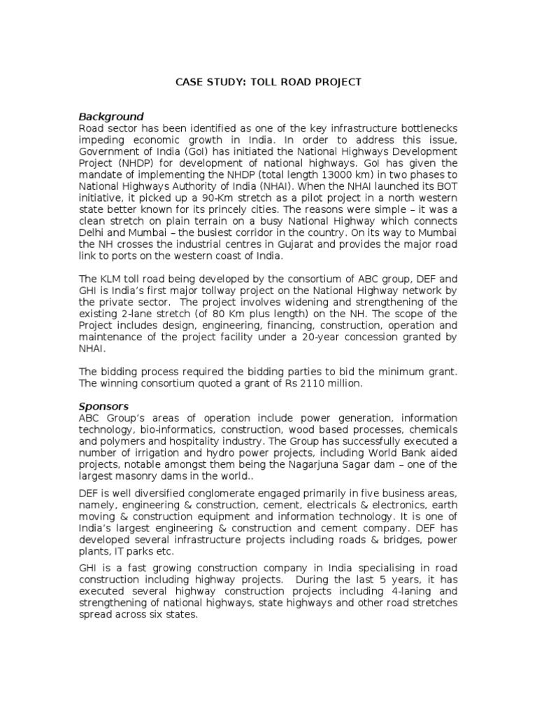 Case Study Toll Road IDFC PDF Toll Road Debt