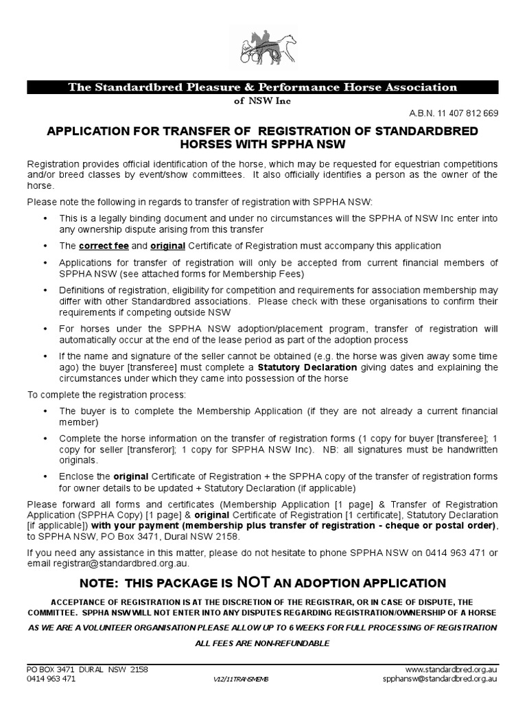 SPPHA NSW Horse Transfer Form - Dec 2011 | PDF | Horses | Animal Breeds