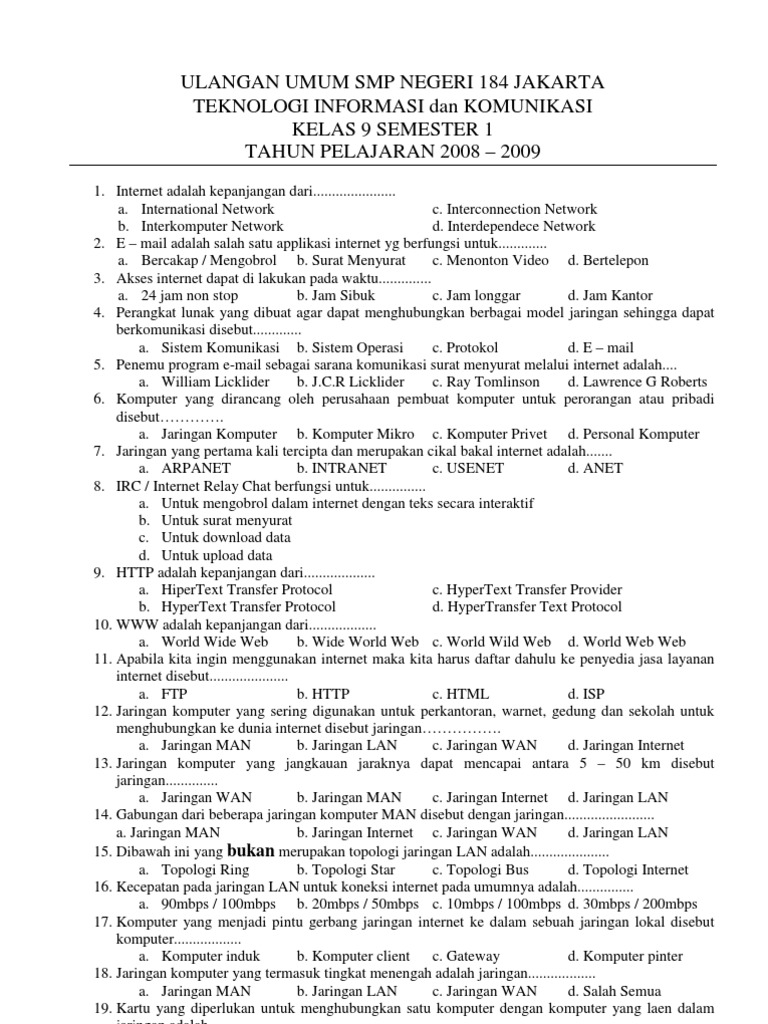 Soal Uas Tik Kelas 9 Semester 1 Ktsp