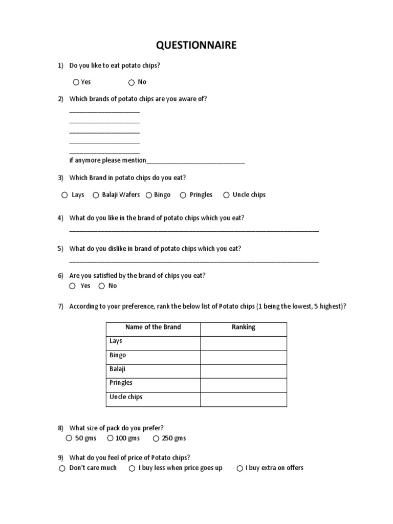 Potato Questionnaire PDF Potato Chip Brand