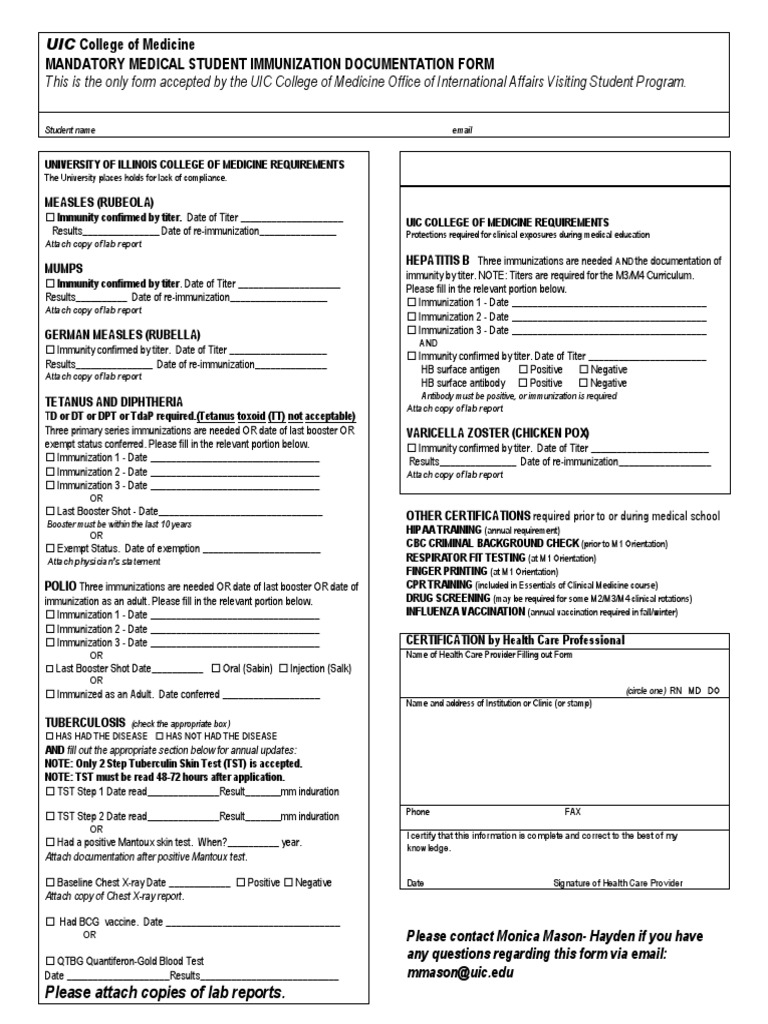 UIC Medical Student Immunization Form | PDF | Vaccination | Health Care