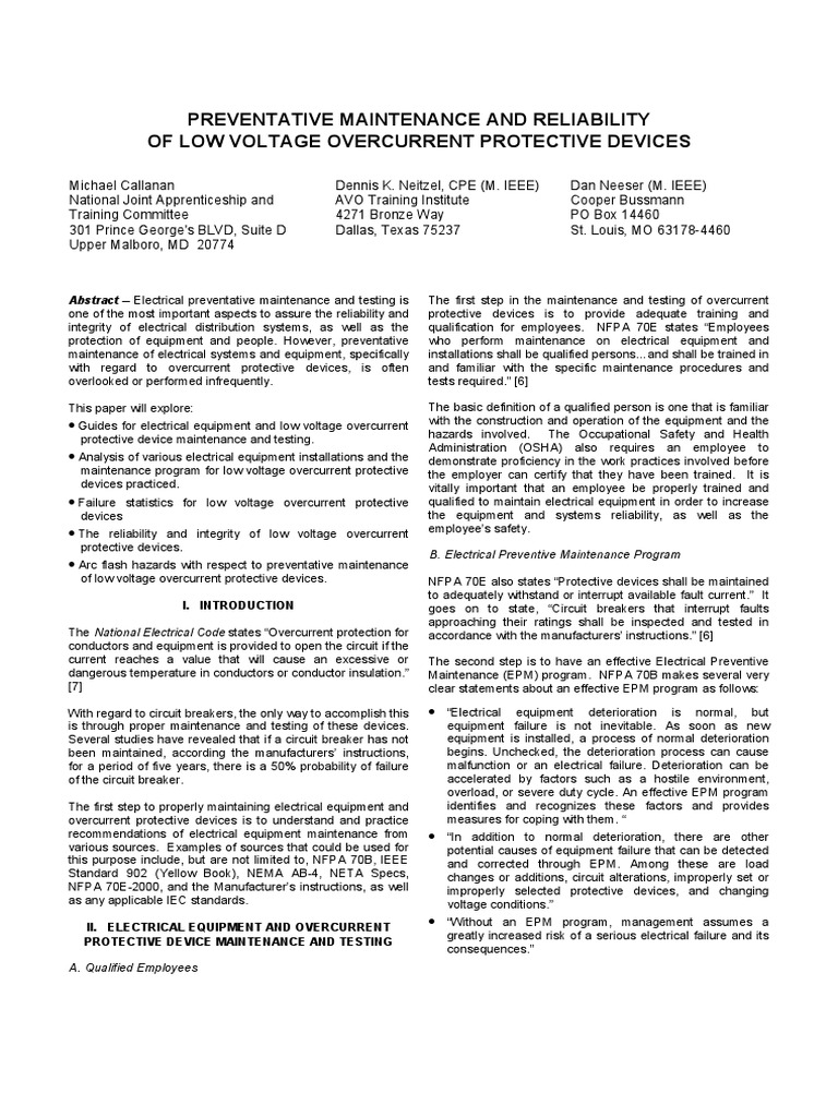 Preventive Maintenance and Reliability of LV Overcurrent Protective ...