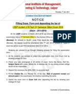 Exam Form Filling Notice for III Semester (LEEP) Exam 2014