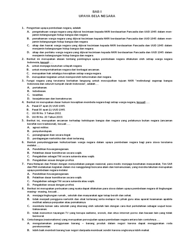Latihan Pkn Kelas Ix Upaya Bela Negara